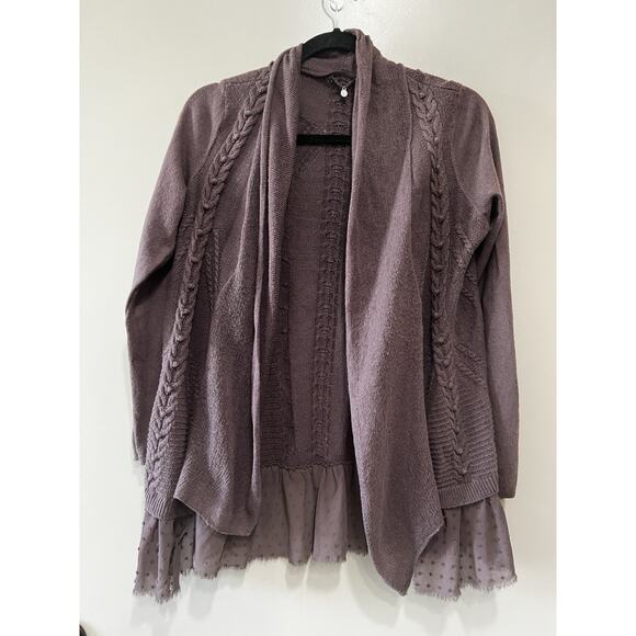 Anthropologie Knitted Knotted Mixed Media Ruffle Hem Open boho Cardigan Sz-M - Picture 1 of 14